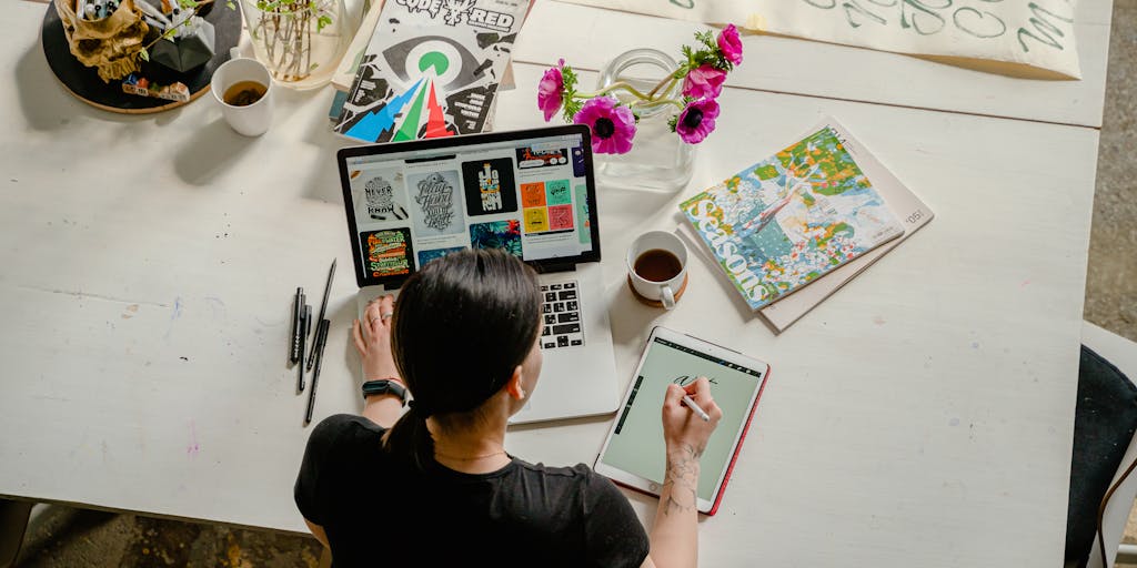 A digital illustration of a guest post template being filled out on a tablet, with colorful graphics and icons representing different sections like title, author bio, and content. The background is a bright, modern workspace with abstract art on the walls.