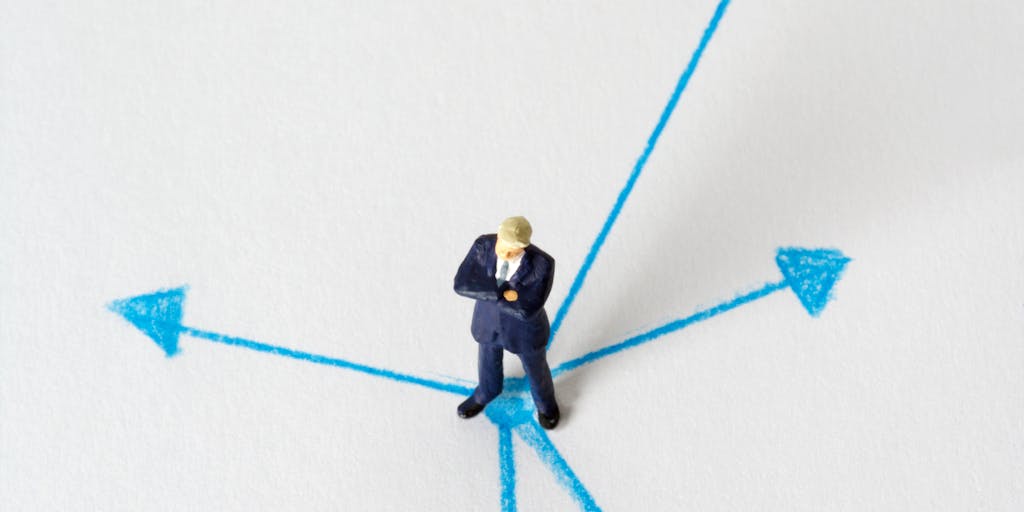 A conceptual image of a person standing at a crossroads with multiple signposts labeled with different email marketing challenges (like 'Spam', 'Deliverability', 'Engagement'), with Folderly's logo prominently featured on one of the signposts, representing guidance and solutions.