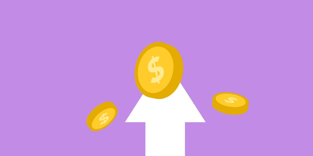 A creative infographic-style image that combines elements of a rocket, dollar signs, and charts. The rocket is depicted as taking off from a stack of coins, symbolizing investment in Rocketreach's services leading to business success.