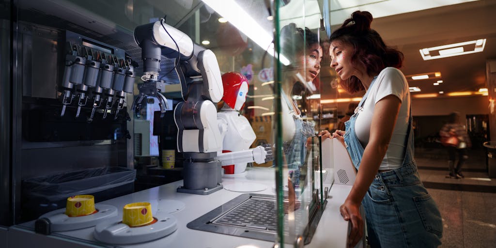 A close-up shot of a futuristic robot holding a price tag, with a digital display showing various pricing tiers. The background features a sleek, modern office environment, emphasizing the tech-savvy nature of Growbots.