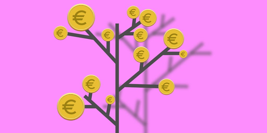 A whimsical illustration of a robot watering a money tree, with coins and dollar bills falling from the branches. The robot is wearing a gardener's hat, symbolizing how Growbots nurtures business growth through its pricing options.