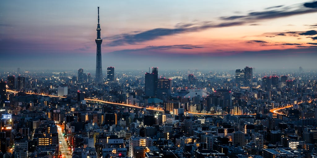 A vibrant, futuristic city skyline at sunset, with digital price tags floating above various buildings, symbolizing the concept of unlimited pricing options. The sky is a blend of orange and purple hues, creating a dynamic backdrop that represents innovation and growth.